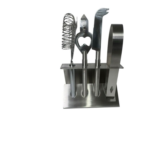 5 Piece Cocktail Tool Set Brushed Stainless Steel Includes Stand - Picture 4 of 16